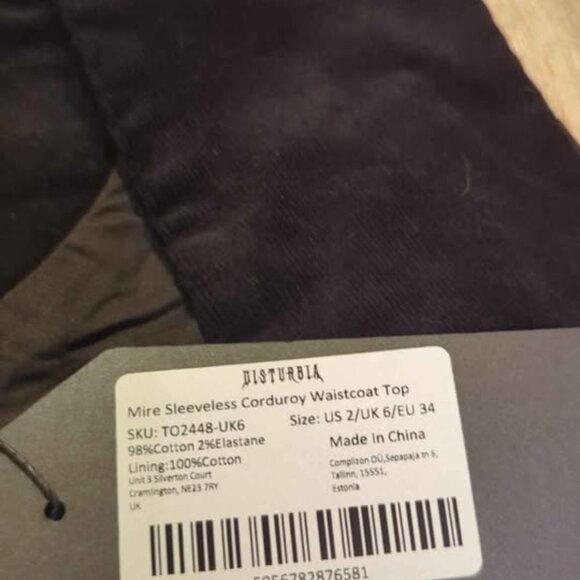 Disturbia mire sleeveless corduroy waistcoat top size 2 new - Picture 2 of 4